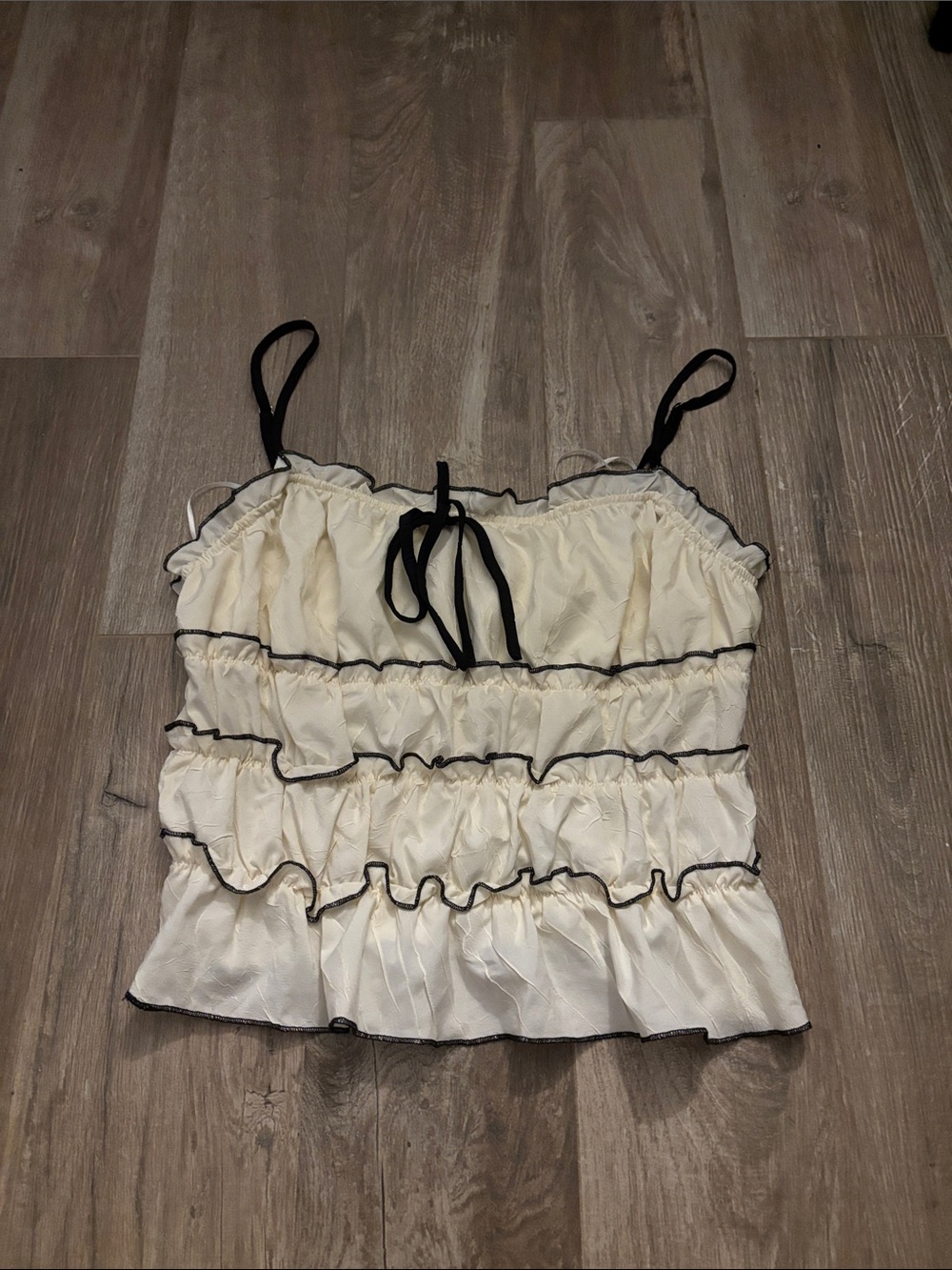 Cream Ruffle Cami Tank with Black Trim